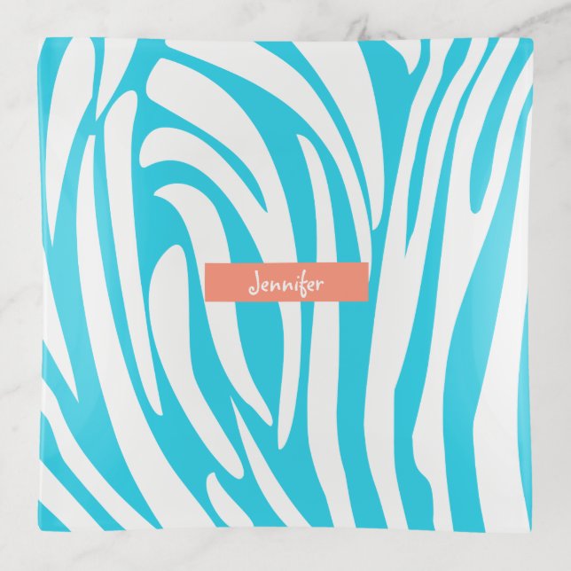 Monogram Turquoise Striped Zebra Pattern Trendy Trinket Tray (Front)