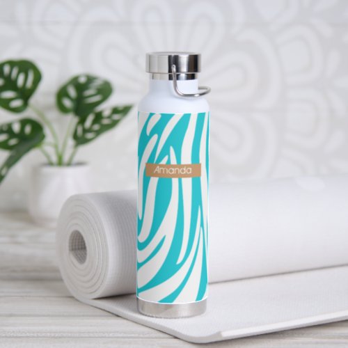 Monogram Turquoise Striped Zebra Pattern Trendy Water Bottle