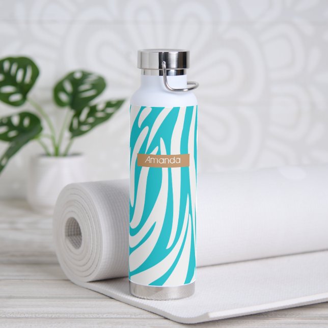 Monogram Turquoise Striped Zebra Pattern Trendy Water Bottle (Yoga)