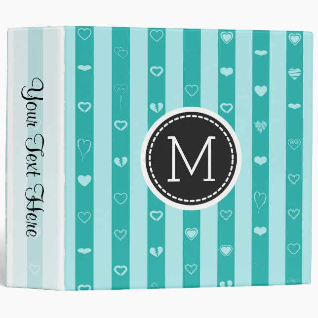 Monogram Turquoise Stripes Elegant Modern Heart 3 Ring Binder (Front/Spine)