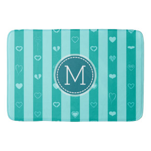 Monogram Turquoise Stripes Modern Heart Pattern Bathroom Mat