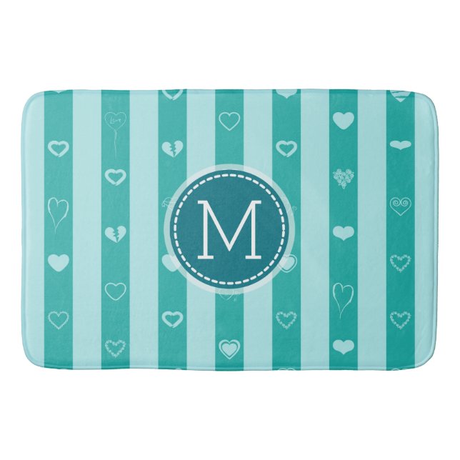 Monogram Turquoise Stripes Modern Heart Pattern Bathroom Mat (Front)