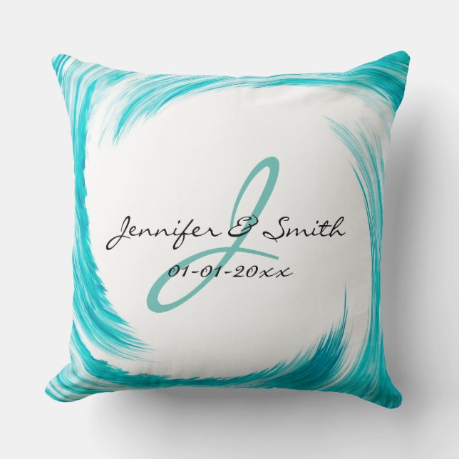 Monogram Turquoise Swirl Abstract Art Throw Pillow (Front)