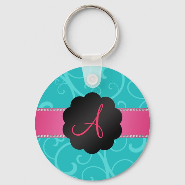 Monogram turquoise swirls keychain (Front)