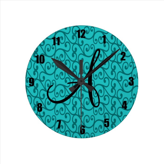 Monogram turquoise swirls round wall clocks