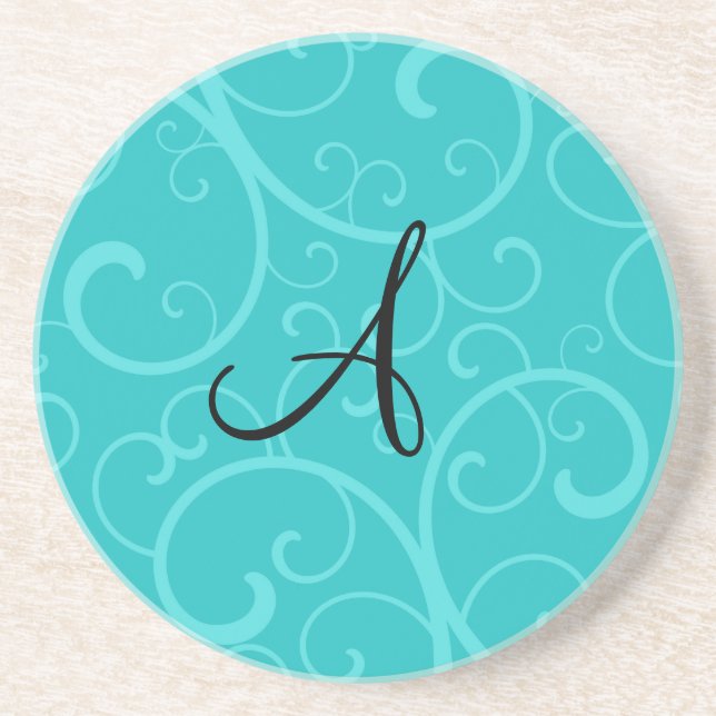 Monogram turquoise swirls sandstone coaster (Front)