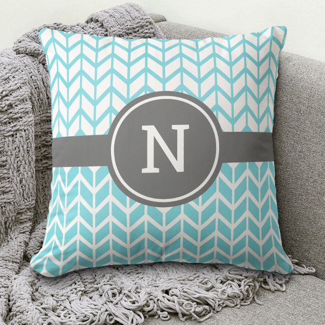 Monogram Turquoise White Chevron Pattern Bold Gray Throw Pillow (Creator Uploaded)