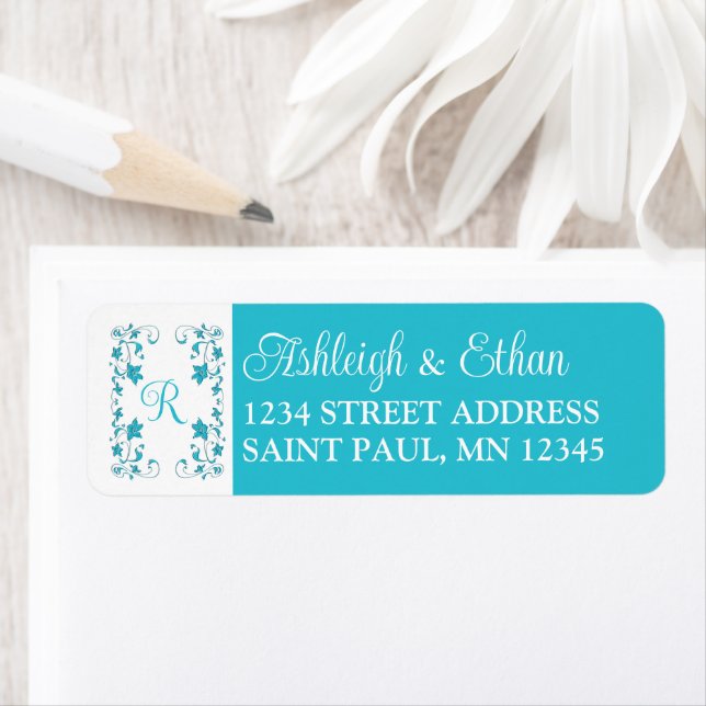 Monogram Turquoise, White Floral Wedding Address Label (Insitu)