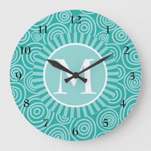 Monogram Turquoise White Spirals _ Personalized Large Clock