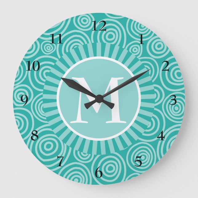 Monogram Turquoise White Spirals - Personalized Large Clock (Front)