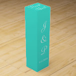 Monogram Turquoise White Wedding Wine Box<br><div class="desc">Pretty bright turquoise wedding favors for your bridal party and reception guests.  Personalize with the Bride and Grooms First Name Initials and Wedding Date in white text.  Thank You is written in white script on top of box.  Designs by TamiraZDesigns.</div>
