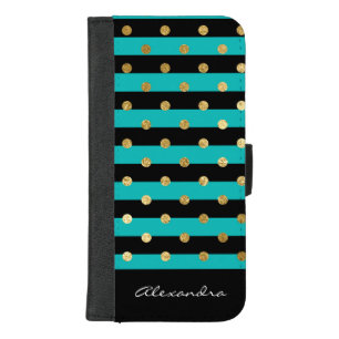 Monogram Turquoise with Black Stripes & Gold Foil iPhone 8/7 Plus Wallet Case