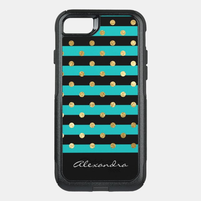 Monogram Turquoise with Black Stripes & Gold Foil Otterbox iPhone Case (Back)