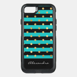 Monogram Turquoise with Black Stripes & Gold Foil OtterBox Commuter iPhone SE/8/7 Case