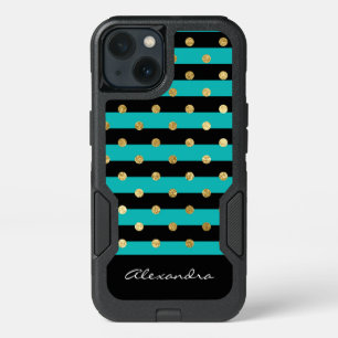 Monogram Turquoise with Black Stripes & Gold Foil iPhone 13 Case