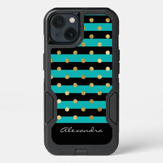 Monogram Turquoise with Black Stripes & Gold Foil Otterbox iPhone Case (Back)