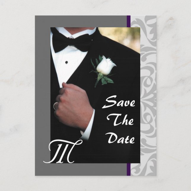 Monogram Tuxedo Groom Save The Date Postcard (Front)