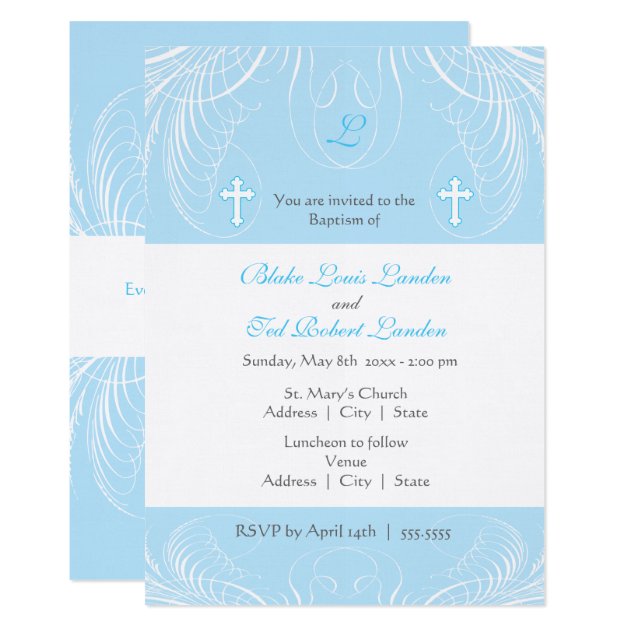 Monogram Twin Boys Baptism Invitation