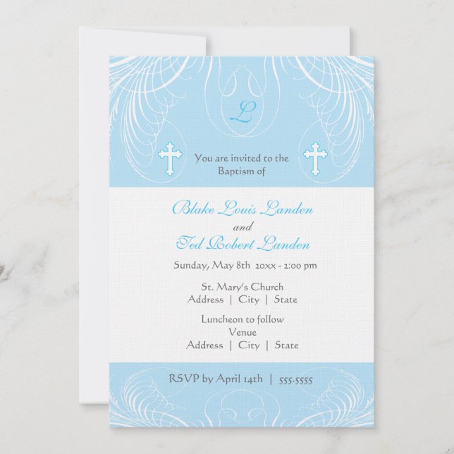Monogram Twin Boys Baptism Invitation (Front)