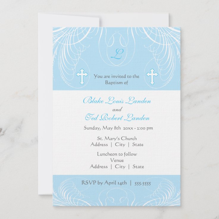 Monogram Twin Boys Baptism Invitation | Zazzle