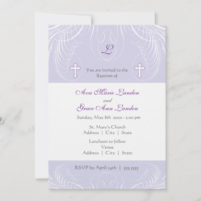 Monogram Twin Girls Baptism Invitation (Front)