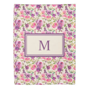 Monogram Twin Purple Pink Roses Floral Flowers Duvet Cover