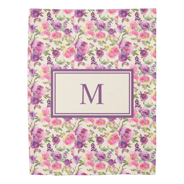 Monogram Twin Purple Pink Roses Floral Flowers  Duvet Cover (Front)