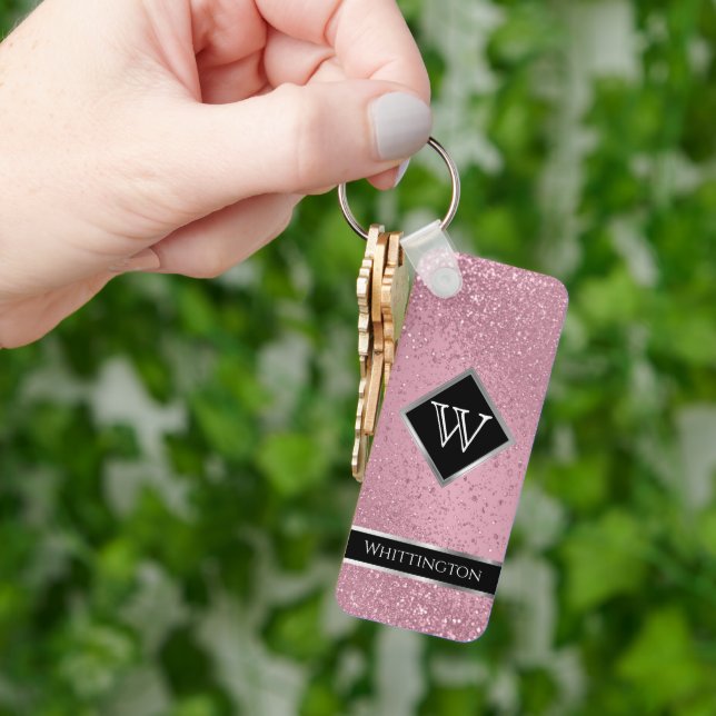 Monogram Twinkle Glitter - Pink Rose Keychain (Hand)