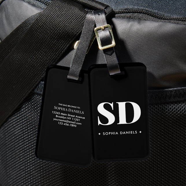 Monogram Two Initial Retro Elegant Black White Luggage Tag (Creator Uploaded)