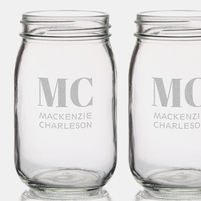 Monogram Two Initials Name Custom Mason Jar (Two letter initial monogram name custom personalized etched mason jar)