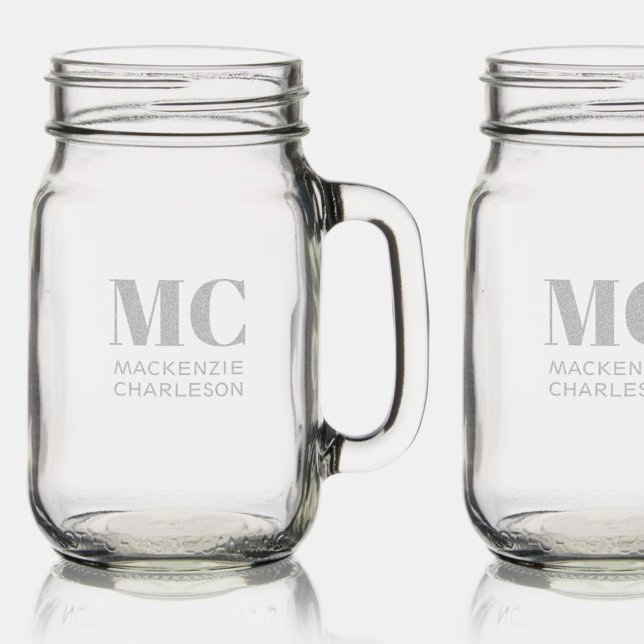 Monogram Two Initials Name Custom Mason Jar W/ Handle (Two letter initial monogram name custom personalized etched mason jar with handle)