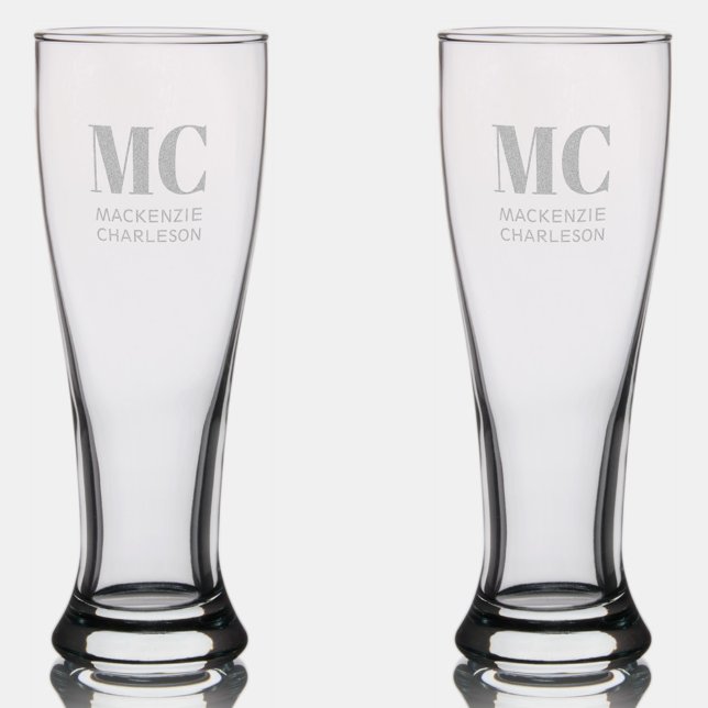 Monogram Two Initials Name Custom Pilsner Glass (Two letter initial monogram name custom personalized etched Pilsner glass)