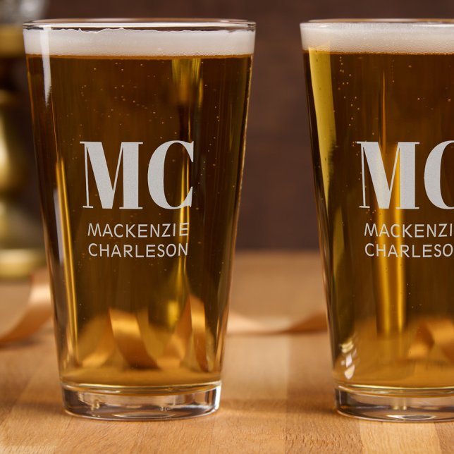Monogram Two Initials Name Custom Pint Glass (Two letter initial monogram name custom personalized etched beer pint glass)