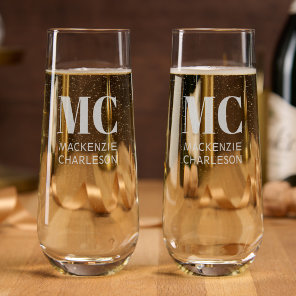 Monogram Two Initials Name Custom Stemless Champagne Flute