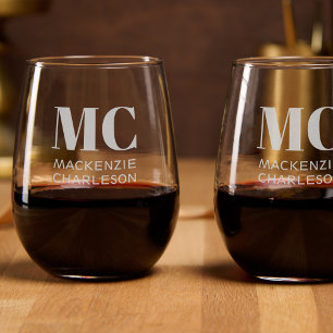 Monogram Two Initials Name Custom Stemless Wine Glass