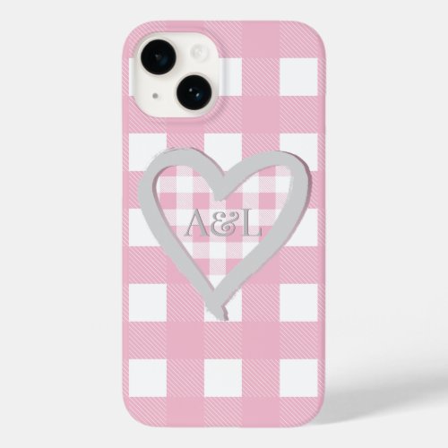 Monogram Two Initials Pink Buffalo Check Heart Case_Mate iPhone 14 Case