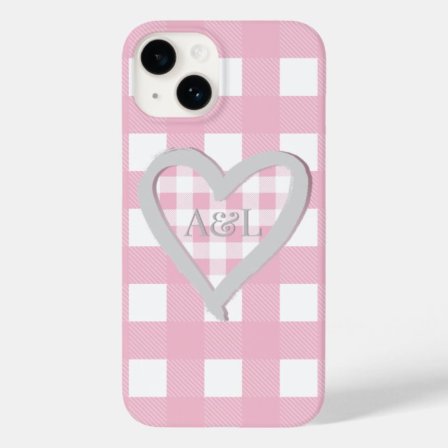 Monogram Two Initials Pink Buffalo Check Heart Case-Mate iPhone Case (Back)
