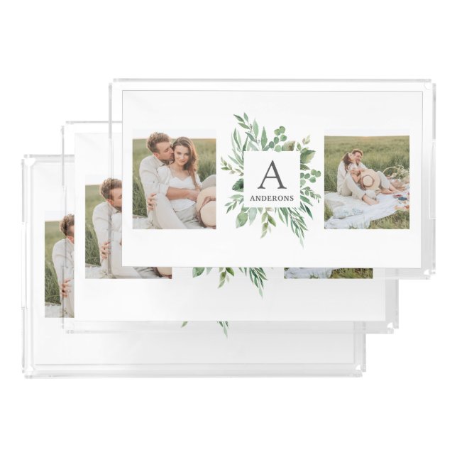 Monogram Two Photos | Personalized Greenery Frame Acrylic Tray (Set)
