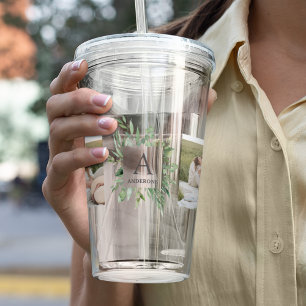 Monogram Two Photos Personalized Greenery Frame Acrylic Tumbler