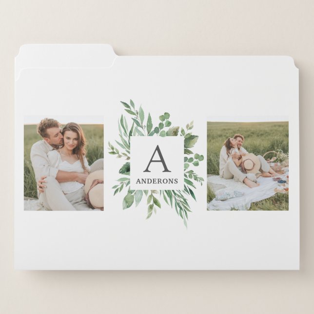 Monogram Two Photos | Personalized Greenery Frame File Folder (Front Left)