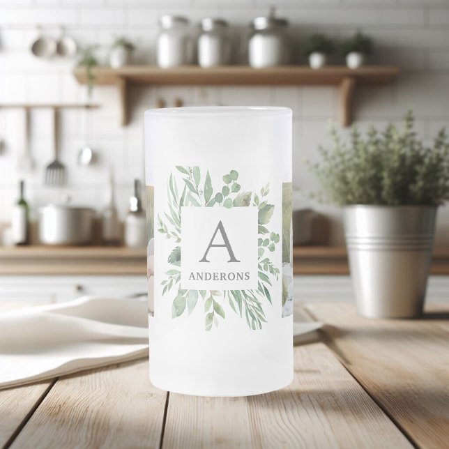 Monogram Two Photos | Personalized Greenery Frame Frosted Glass Beer Mug (Creator Uploaded)
