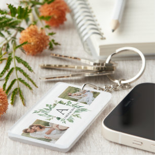 Monogram Two Photos Personalized Greenery Frame Keychain