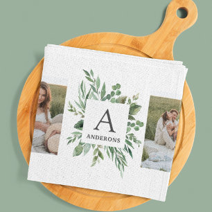 Monogram Two Photos   Personalized Greenery Frame Kitchen Towel