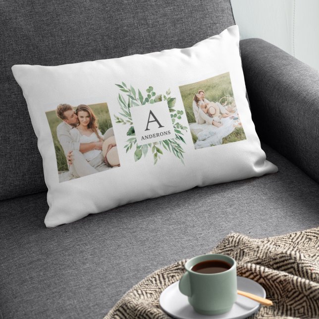 Monogram Two Photos | Personalized Greenery Frame Lumbar Pillow (Creator Uploaded)