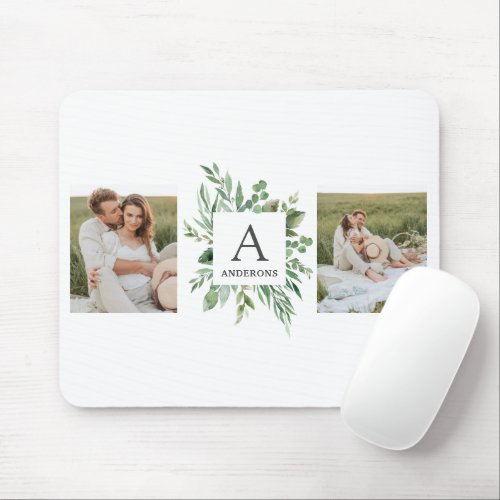 Monogram Two Photos  Personalized Greenery Frame Mouse Pad