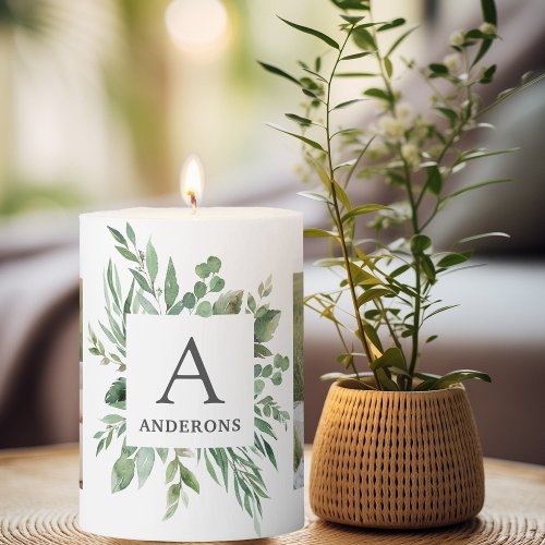 Monogram Two Photos  Personalized Greenery Frame Pillar Candle