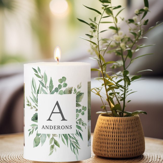 Monogram Two Photos | Personalized Greenery Frame Pillar Candle (Creator Uploaded)