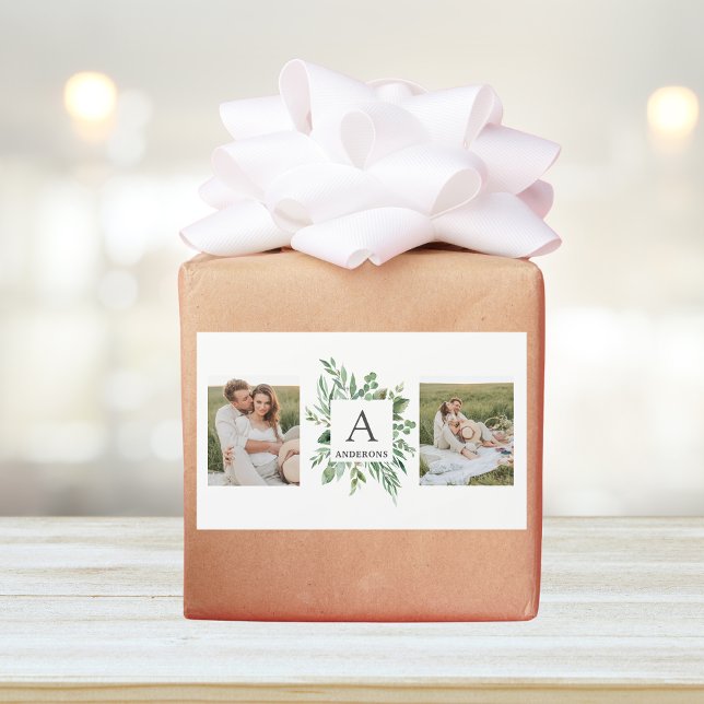 Monogram Two Photos | Personalized Greenery Frame Rectangular Sticker (Creator Uploaded)