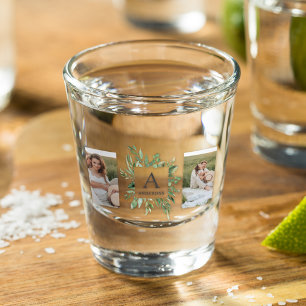 Monogram Two Photos Personalized Greenery Frame Shot Glass