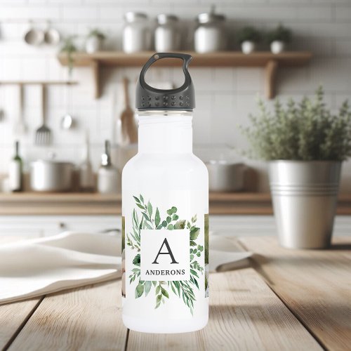 Monogram Two Photos  Personalized Greenery Frame Stainless Steel Water Bottle